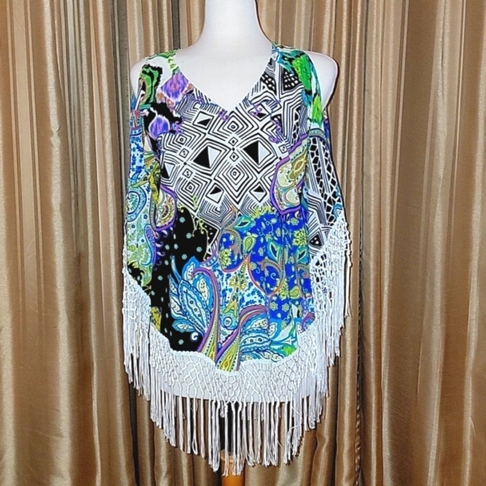 Chicos Boho Cold Shoulder Fringe  Paisley Tunic Size Small